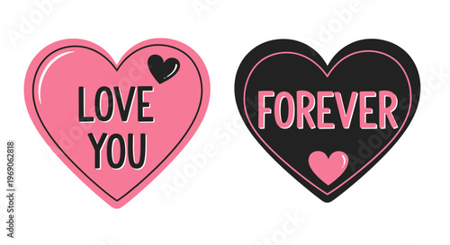 Pink and Black Heart Shapes with Text "Love You" and "Forever"