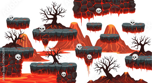 Pixel Art Hellscape Game Level Design with Floating Islands, Lava, and Skulls