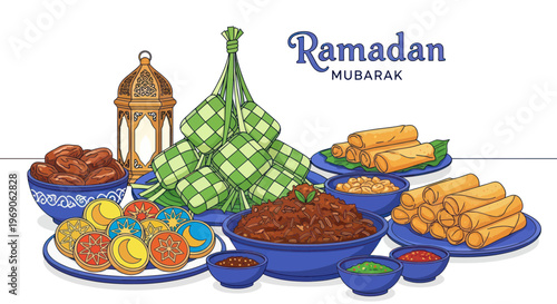 Ramadan Mubarak Food Spread: Ketupat, Dates, Spring Rolls, Cookies & Lantern