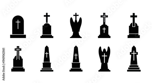 Vector Set of Black Tombstones and Crosses Icons