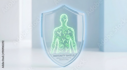 Close-up of a digital immunity shield protecting a human body outline, depicting internal biological defense.