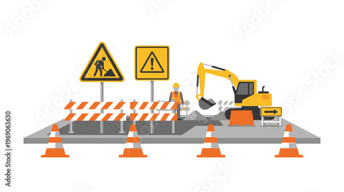 Road Construction Site Illustration with Excavator, Worker, Traffic Cones, and Warning Signs on White Background - Flat Vector for Infrastructure Maintenance