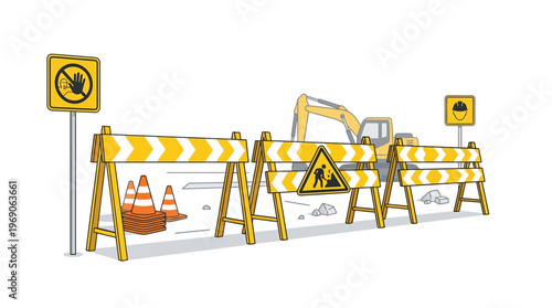 Road Construction Site Vector Illustration - Under Construction Barriers, Traffic Cones, and Excavator on White Background