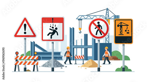 Construction Site Safety Signs and Worker Illustration with Warning Symbols for Industrial Health and Safety Compliance