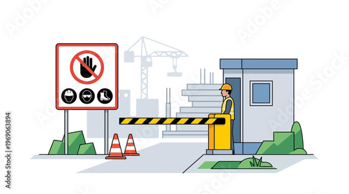 Construction Site Security Entrance with Guard, Barrier Gate, and Safety Signage Vector Illustration