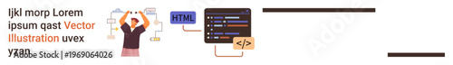 Web development, coding, frontend design, programming, digital tools, user interface. A developer character and HTML code . Web development and coding visual concept