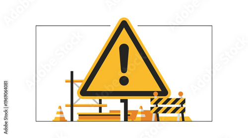 Flat Vector Illustration of a Construction Site with Large Warning Sign, Traffic Cones, and Barriers