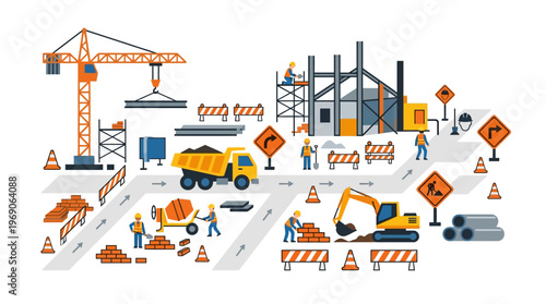 Flat vector illustration of a busy construction site with workers, cranes, excavators, dump trucks, and various building equipment on a white background.