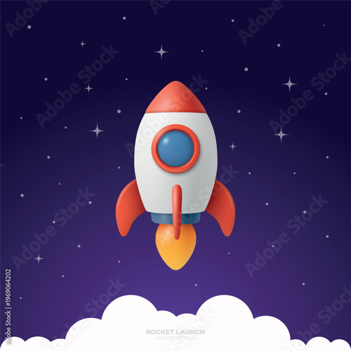Vector Rocket Launch in Space Background with Stars. Cartoon Spaceship Taking Off Above Clouds. Cute Space Travel Illustration. Night Sky Scene, Startup Launch Concept, Space Poster
