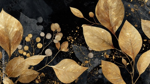 Elegant Golden Leafy Branches Adorned with Glittering Splatters on a Textured Black Background Capturing Luxurious Autumnal Brilliance