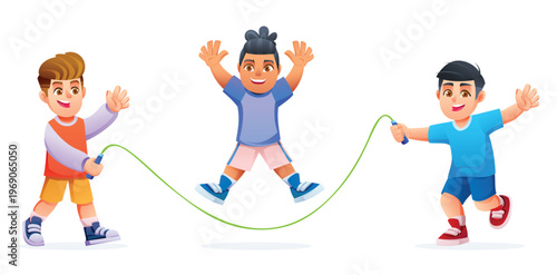 Group of boys playing with skipping rope. Vector cartoon illustration