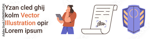 Identity verification, document security, digital contracts, authentication, cybersecurity, data protection. Person holding tablet, signed document shield graphic. Identity verification and document