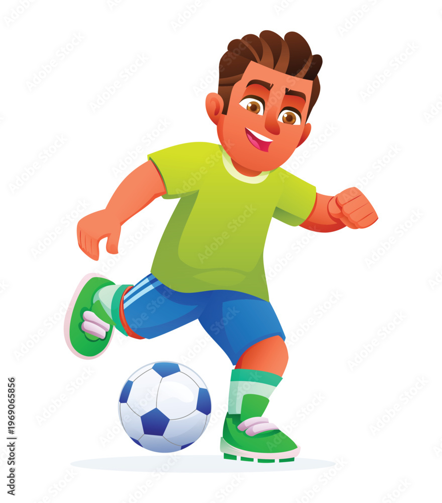 Obraz premium Young football player dribbling ball with speed and focus. Vector cartoon character illustration