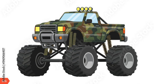 Camouflage Monster Truck with Big Tires, Off-Road Vehicle, Adventure Concept