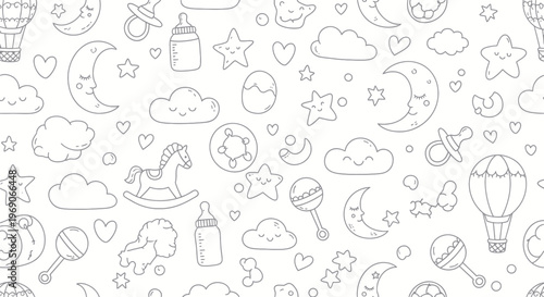 Cute Baby Shower Pattern: Moon, Stars, Clouds, Rattle, Hot Air Balloon, Rocking Horse