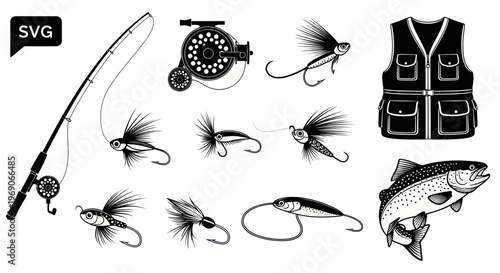 Fishing Gear and Trout Illustration - Rod, Reel, Lures, Vest, and Fish