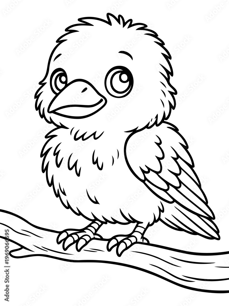 Fototapeta premium Young Bird on a Branch: This illustration captures a sweet young bird perched upon a branch, featuring its fluffy feathers and innocent gaze.