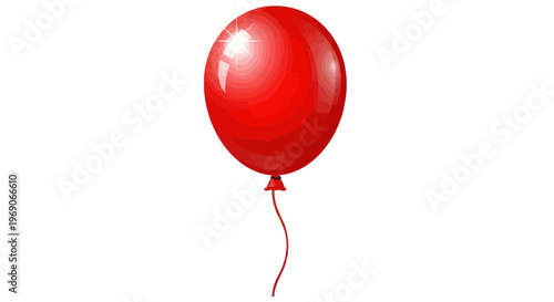 Shiny Red Balloon Floating with String Isolated on White Background