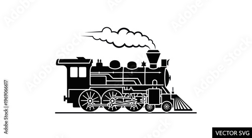 Vintage Steam Locomotive, Classic Train Silhouette, Black and White Vector Art