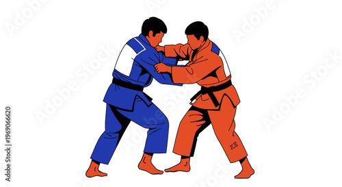 Two judo athletes in blue and orange gis grappling during a match, isolated on white