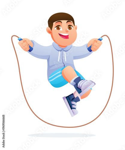 Happy boy jumping rope with energetic high jump movement. Vector cartoon character illustration