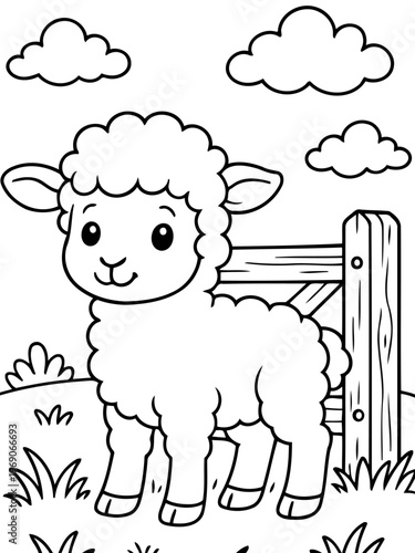 Cute Lamb Illustration: An adorable lamb stands near a wooden fence and fluffy clouds, illustrating the innocence and purity of farm life. 