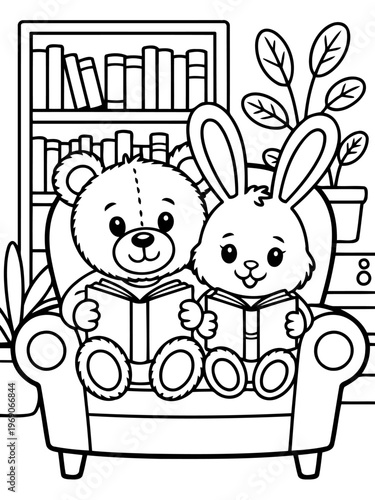 Bookworms' Cozy Corner: A cuddly teddy bear and bunny delve into the enchanting world of books, nestled comfortably in a snug armchair surrounded by bookshelves. 