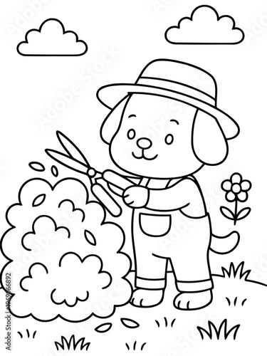 Puppy Gardener: A cute puppy, dressed as a gardener, diligently trims a bush with large scissors in a charming garden setting, framed by fluffy clouds.