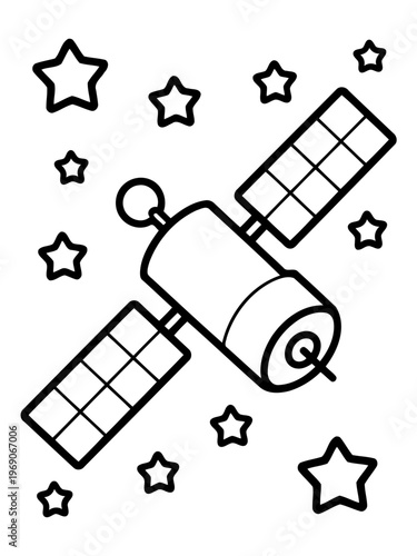 Celestial Sentinel: An illustrated satellite, its solar panels outstretched, navigates the cosmic sea, its metallic form framed against a starry canvas.