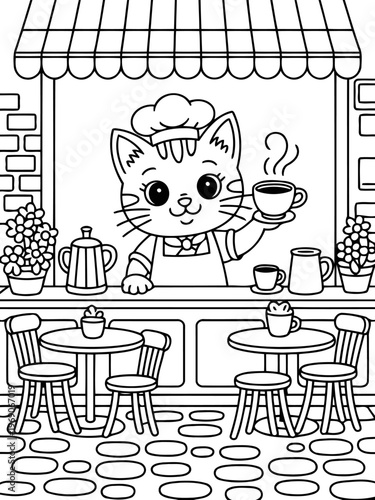 Kitty Cafe: A charming illustration depicts a friendly cat barista, proudly presenting a steaming cup of coffee in a quaint cafe setting.