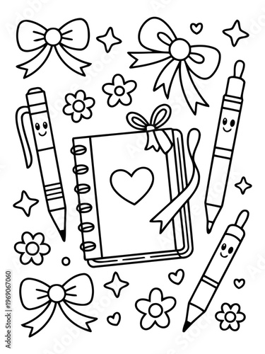 Cute Stationary doodle: A delightful assortment of doodle stationary, with adorable smile-faced pen and note with ribbons and flowers. evoke creativity and artistic flair