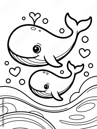 Whale of a Time: Two whales frolic in the waves with a backdrop of hearts, inviting children to color and create