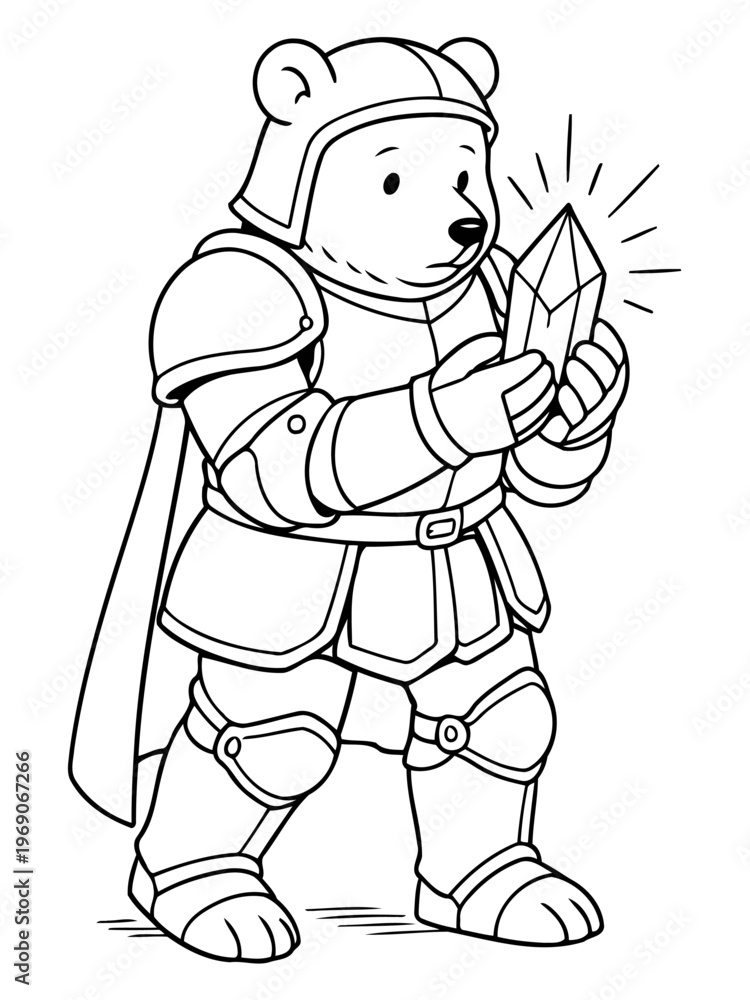 Obraz premium Bear Knight with Gem: A courageous bear knight, clad in shining armor, gazes at a sparkling gem, symbolizing discovery and valor. 