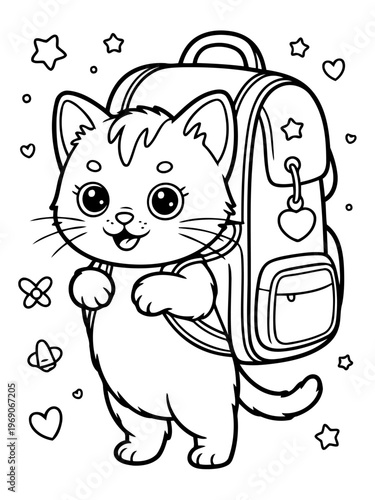 Cat Carrying Backpack : A charming illustration of a cute cat joyfully carrying a school backpack, ideal for educational content. The cat is surrounded by stars and hearts, ready to learn.