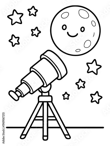 Celestial View: A captivating line art illustration showcasing a telescope gazing toward a smiling moon and surrounding stars.
