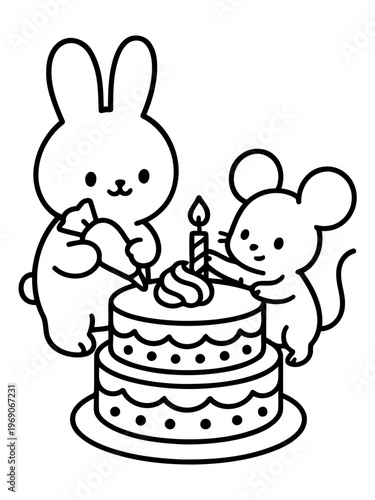 Bunny and Mouse Birthday Cake: Charming line art features a bunny and mouse joyfully adorning a layered cake with a single glowing candle, symbolizing celebration and delight. 