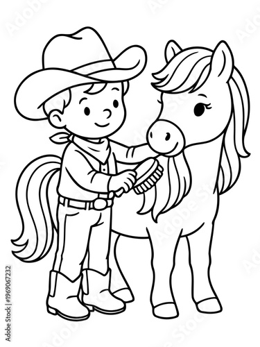 Young Cowboy Grooming Pony: A charming black and white illustration depicts a young cowboy lovingly grooming a friendly pony, ready for a day of adventure.