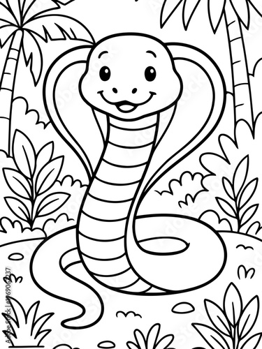Adorable Cobra in Habitat: A charming cobra, illustrated in a delightful cartoon style, slithers gracefully amidst lush tropical vegetation. Ideal for coloring books and children's designs.