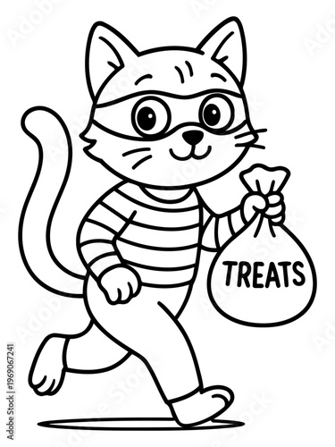 Cat Burglar's Loot: A playful illustration depicts a mischievous cat, masked and clad in a striped shirt, dashing away with a bag of treats, embodying the spirit of playful heist.