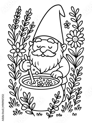 Garden Gnome's Brew: A whimsical illustration depicts a garden gnome, with his pointed hat and long white beard, stirring a bubbling concoction in a cauldron amidst flowers and foliage. 