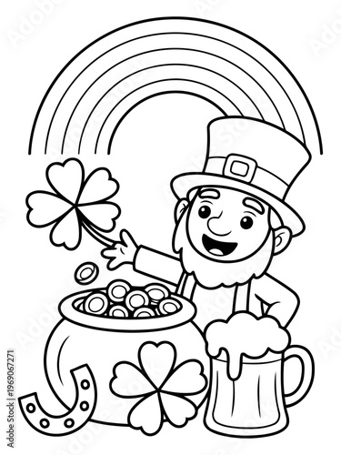 Leprechaun's Fortune: A cheerful leprechaun, adorned in traditional attire, stands before a pot of gold and a vibrant rainbow, symbolizing good luck and Irish heritage.
