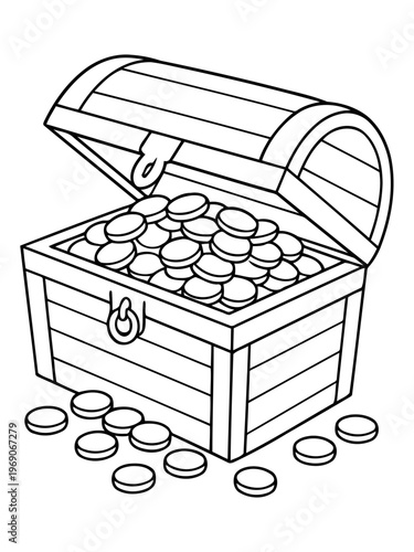  Treasure Chest of Riches: A monochrome depiction of a weathered wooden chest overflows with golden coins.