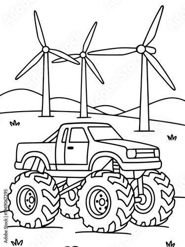 Monster Truck near Wind Turbines: An illustration of a powerful monster truck stands before towering wind turbines, symbolizing the fusion of raw power with eco-friendly innovation.