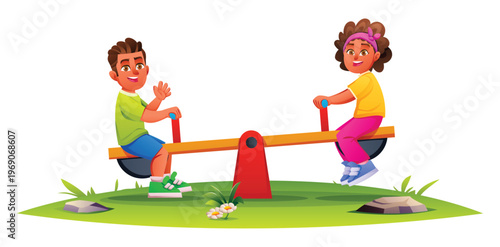 Little boy and girl playing on a seesaw in the garden green field. Vector cartoon illustration