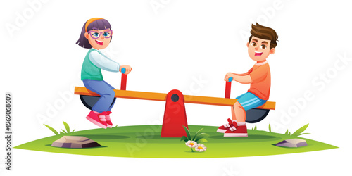Happy boy and girl playing on a seesaw in the park. Vector cartoon illustration