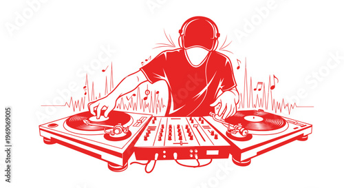 DJ playing music with turntables and headphones, red graphic illustration