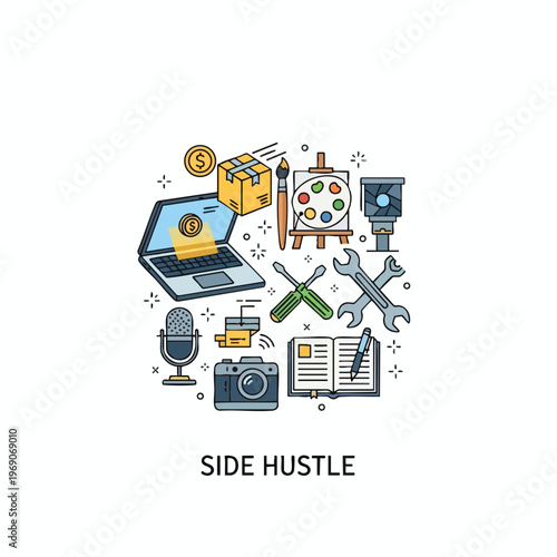Icons depicting various tools and items representing diverse side hustle opportunities