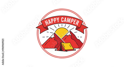 Happy Camper Emblem: Tent, Mountains, Sun, and Banner - Outdoor Adventure Logo