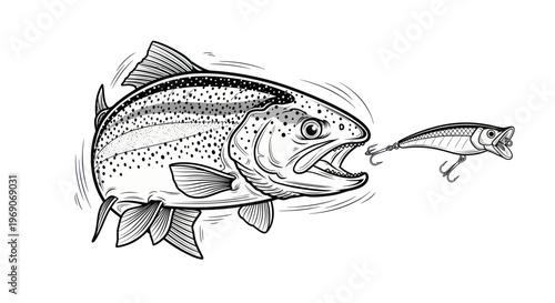 Large Trout Lunging to Bite Fishing Lure, Black and White Illustration