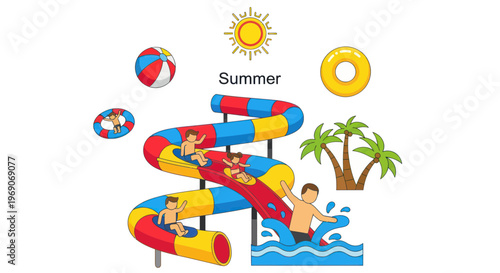 Summer Fun: Kids Enjoying Water Slide at Water Park with Palm Trees